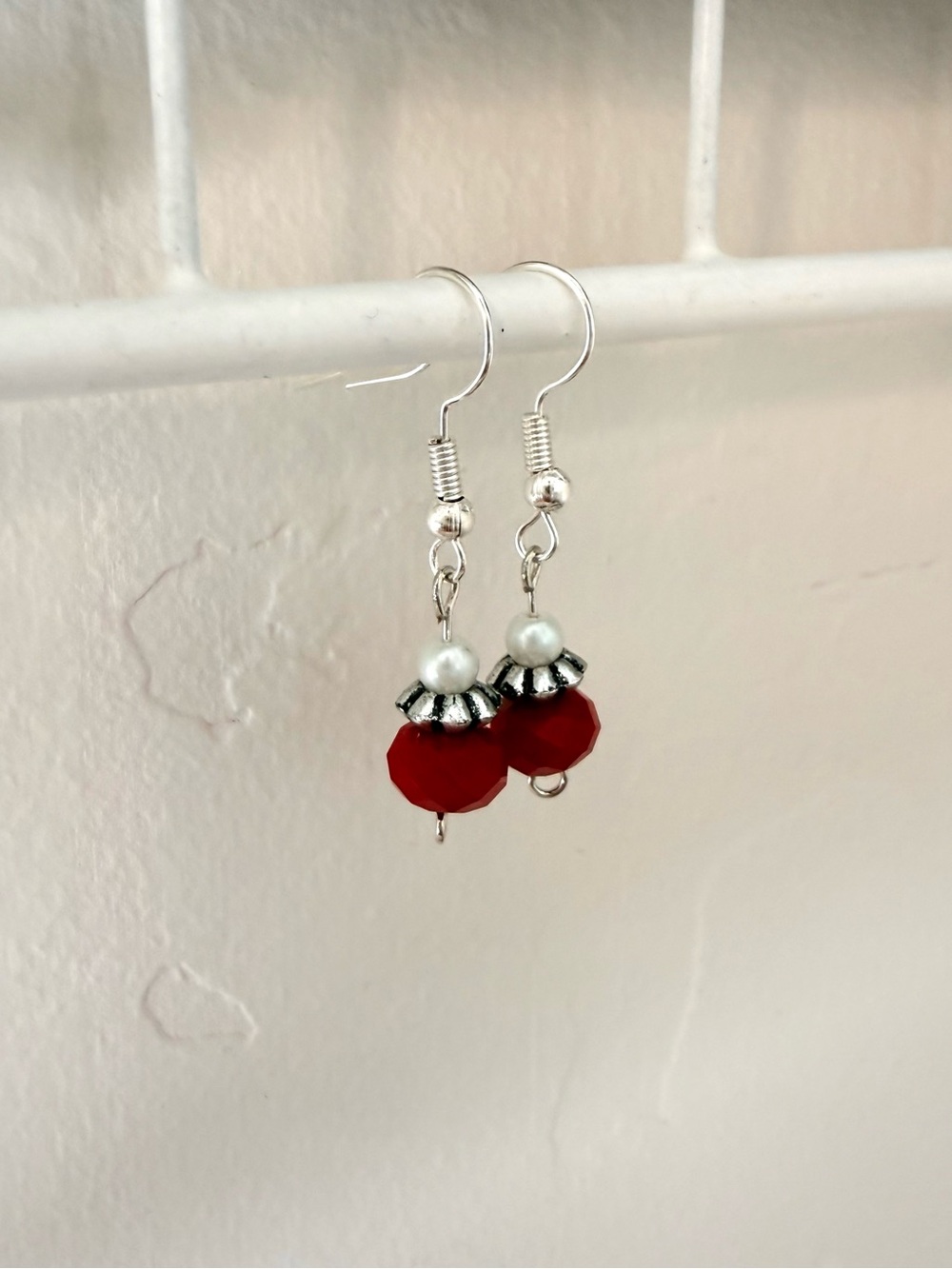 Handcrafted Dainty Elegant Red Pearl Drop Dangle Earrings